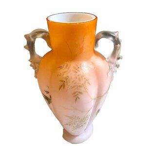 Antique MT WASHINGTON Satin Peach Paneled Cased Glass Applied Thorn Handles VASE